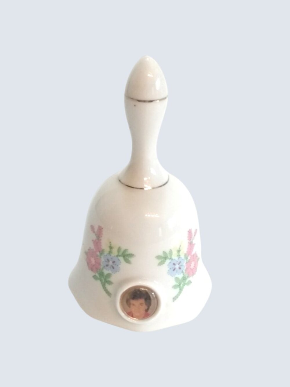 Vintage Ceramic 4.5" Conway Twitty Bell-White with Gold Trim-Blue/Pink Flowers
